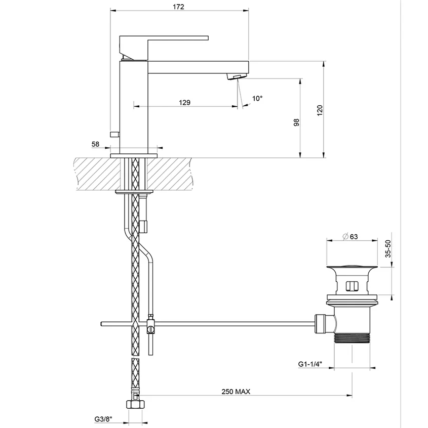 Gessi RETTANGOLO miscelatore lavabo H.15 cm, con scarico e flessibili di collegamento, finitura cromo 20001#031 - immagine 3